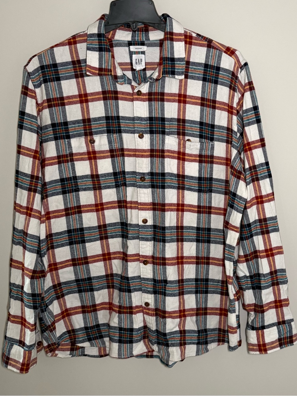 GAP Men's Plaid Button-Down Shirt - White, Rust & Navy